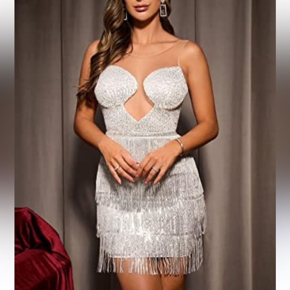 SHEIN Sleeveless Bodycon Dress Sheer Mesh Shiny Sequins Party Dress with Fringe